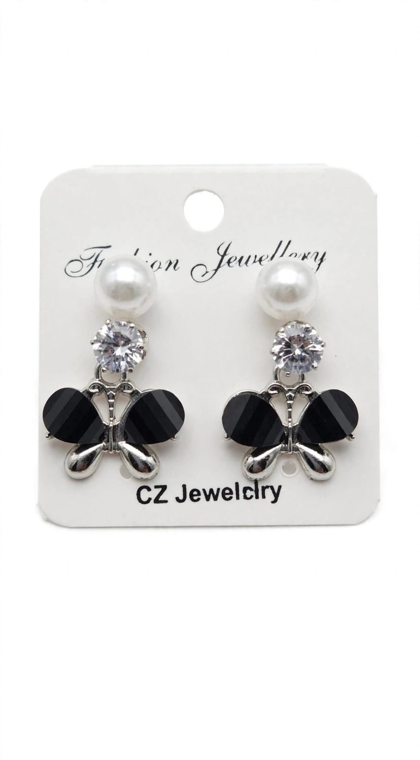 Black Butterfly Pearl CZ Drop Earrings ๐ฆโจ