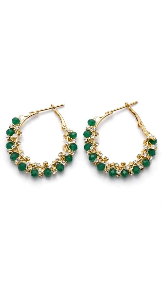Fashion Earrings - Mint Blue Beaded Gold Hoop Earrings with Crystals - Party Wear