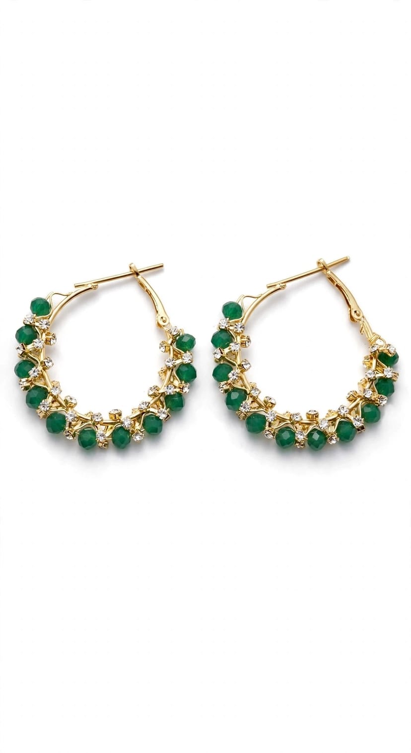 Fashion Earrings - Mint Blue Beaded Gold Hoop Earrings with Crystals - Party Wear