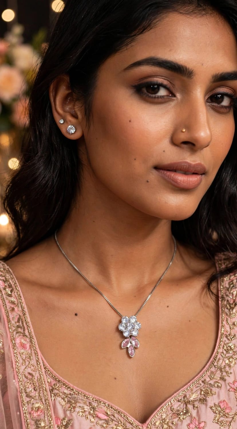 Silver Pink Flower Diamond Set with Stud*