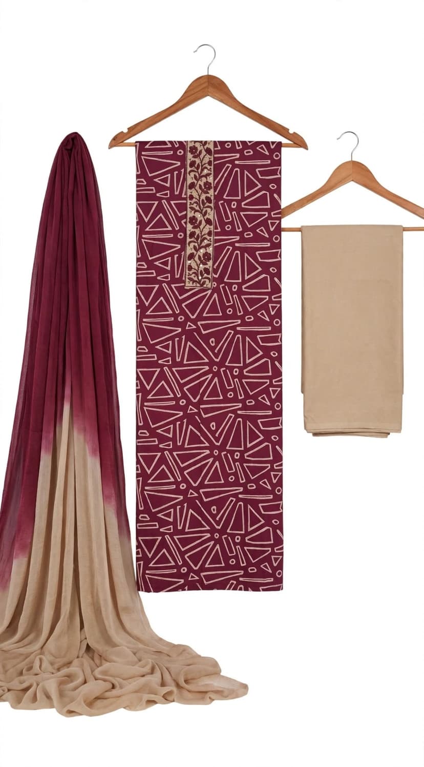 ✨ Elegant Purple Printed Dress Material with Beige Bottom & Lightweight Shaded Dupatta.