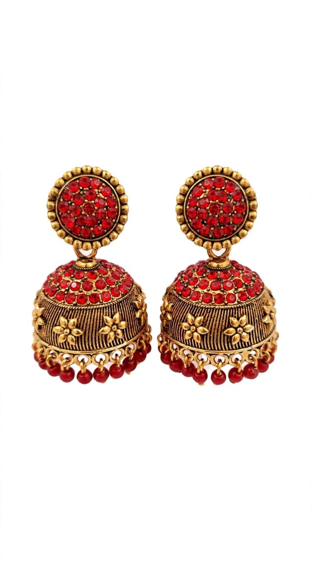 Red Kemp Temple Jhumka โ Antique Gold