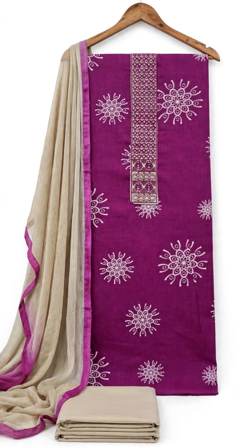 Magenta Beige Cotton Unstitched Dress Material | White Print Sequin Yoke Work | Beige Dual Shade Chiffon Dupatta